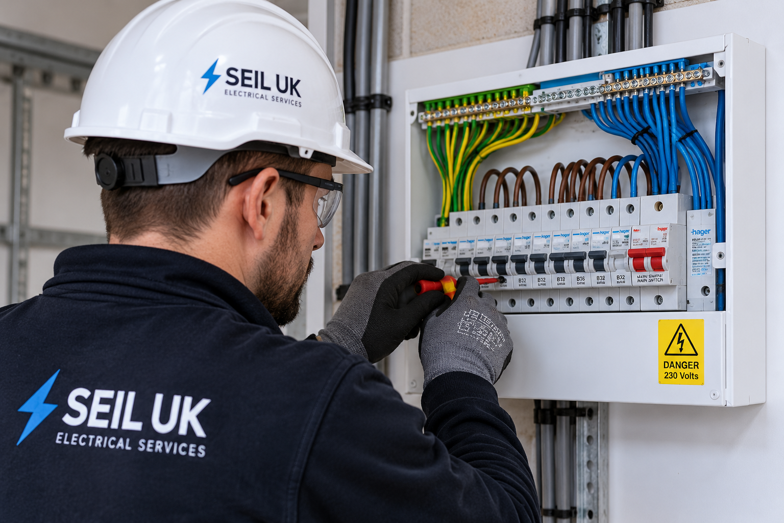 SEIL-UK-Electrical-Installation-Services SEIL UK electrician carrying out professional electrical installation and consumer unit work
