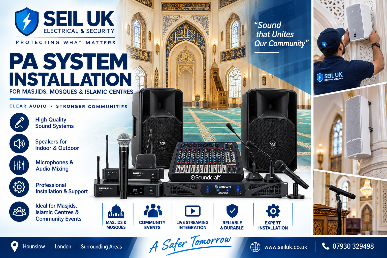 SEIL UK – Professional PA System Installation SEIL UK professional PA system installation with speakers, microphones and audio equipment for Masjids, Mosques, Islamic centres and community venues in London.